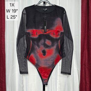 Fashion Nova Losing Control Mesh Bodysuit 1X Plus Size Body Print Red NWT